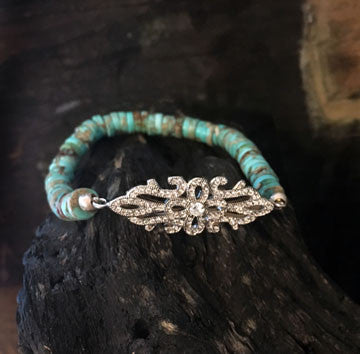 Turquoise Bracelet with Pave CZ Connector on Stretch Cord