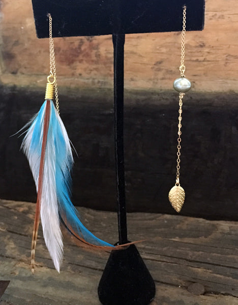 Turquoise Feather Chain Earring with Leaf