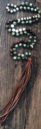 African Turquoise, Garnet and Amazonite Hand-Knotted Long Necklace with Leather Tassel