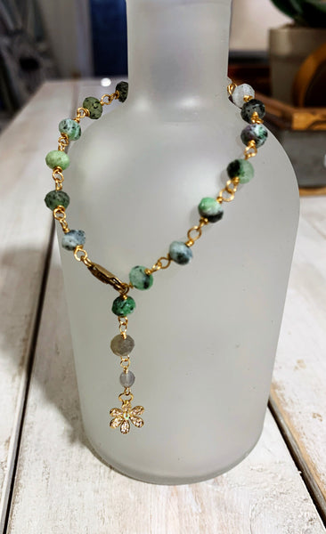 Green Zoisite Wire Wrap Bracelet with Opal Flower Dangle