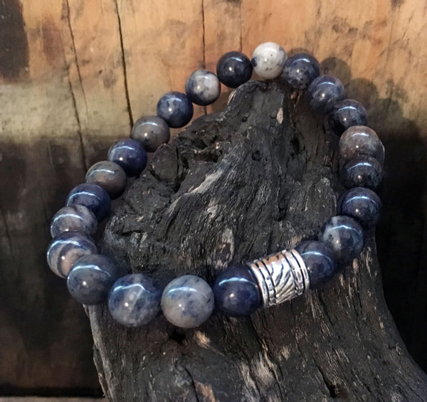 Dumortierite Men's Bracelet on Stretch Cord with Silver
