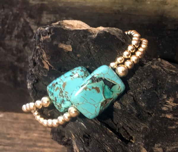 Gold Filled Ball Bracelet with Turquoise Stone on Stretch Cord