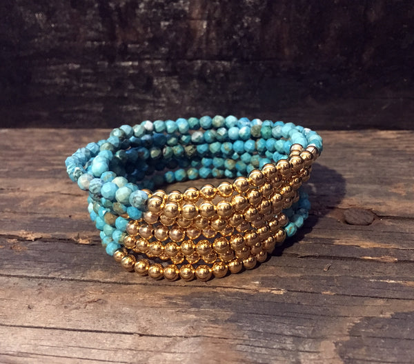 Turquoise and 4mm Gold Filled Bracelets on Stretch Cord