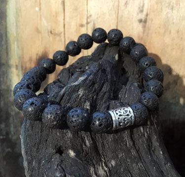 Black Lava Men's Bracelet on Stretch Cord with Silver