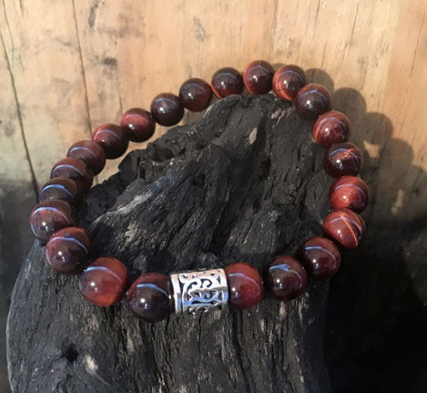 Red Tiger's Eye Men's Bracelet on Stretch Cord with Silver