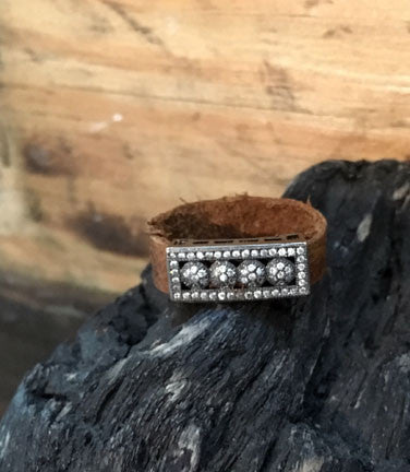 Pave CZ Rectangle Bar Rings on Leather Band