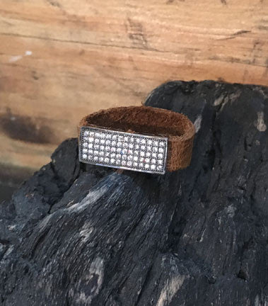 Pave CZ Rectangle Bar Rings on Leather Band