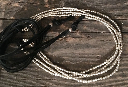 Silver Heishi Bead Wrap Bracelet with Leather Tie