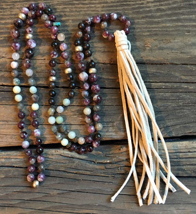 Tourmaline and Amazonite  Hand-Knotted Necklace with Long White Suede Tassel