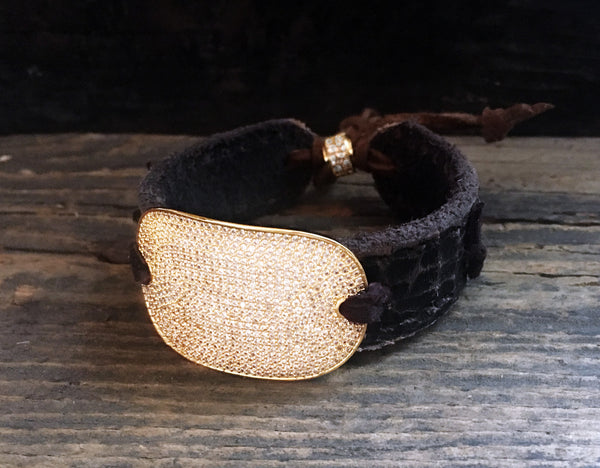 Vintage Leather Cuffs with Pave CZ Curved Bar