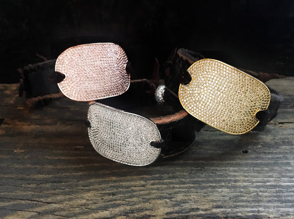 Vintage Leather Cuffs with Pave CZ Curved Bar